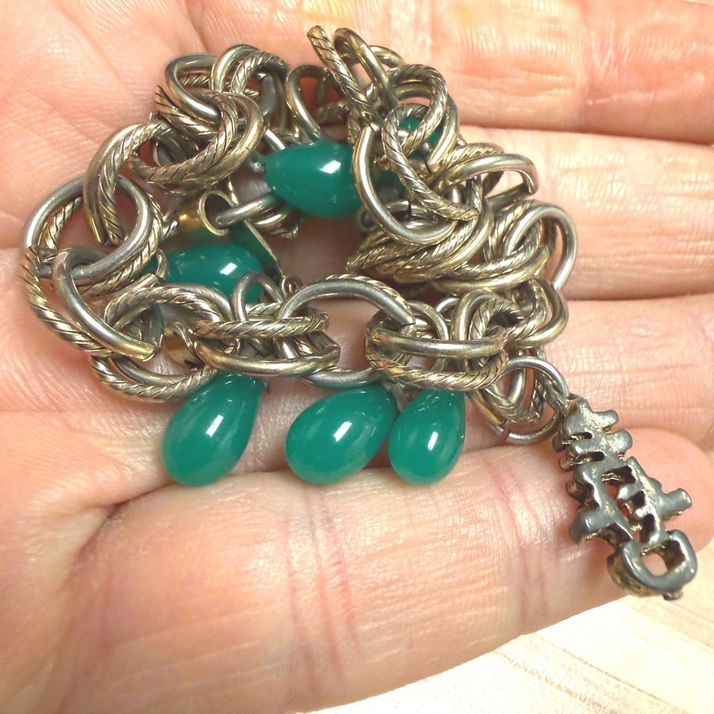 Vintage Mixed Metal Shou Longevity Green Teardrop Charm Bracelet 7 Inch